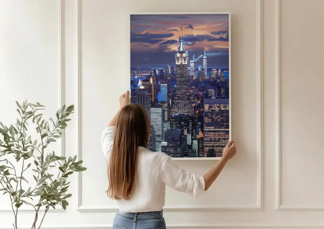 New York City Night Blue Lights Skyline canvas wall art being hung on a paneled wall
