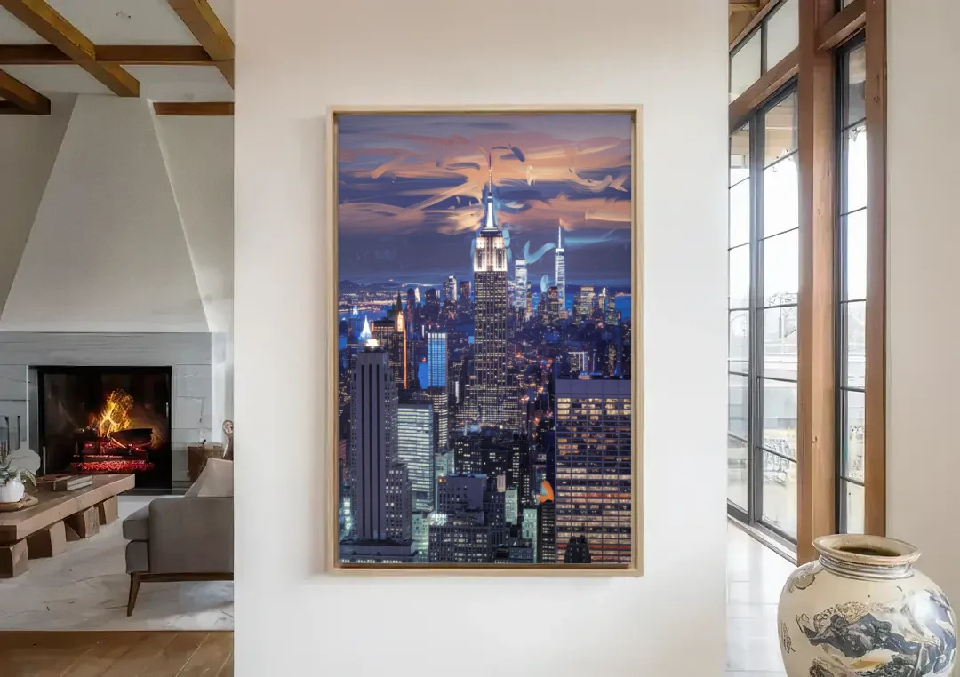 New York City Night Blue Lights Skyline canvas wall art in a living room with a fireplace