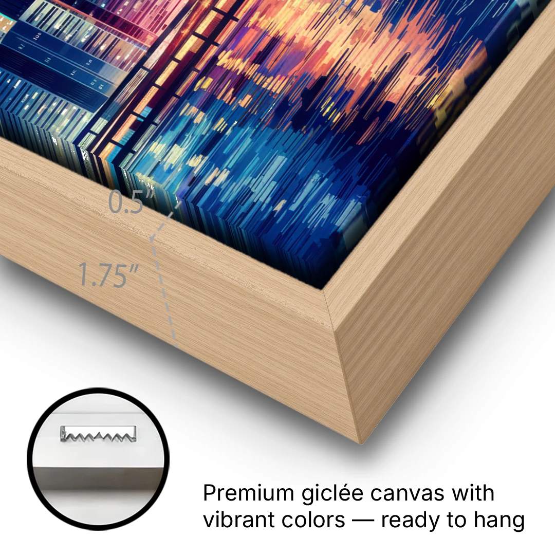 New York City Night Lights - Oak Framed Canvas Wall Art - Gallery Wrap Corner