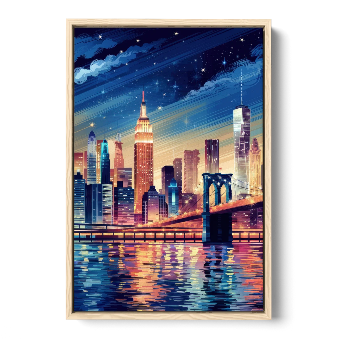 New York City Night Lights - Oak Framed Canvas Wall Art - Front