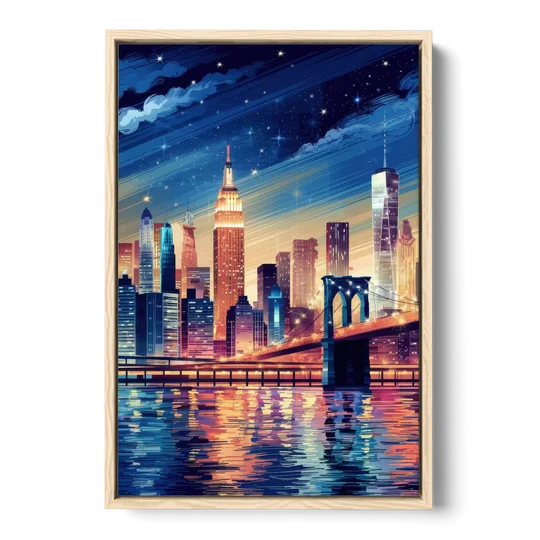 New York City Night Lights - Oak Framed Canvas Wall Art - Front