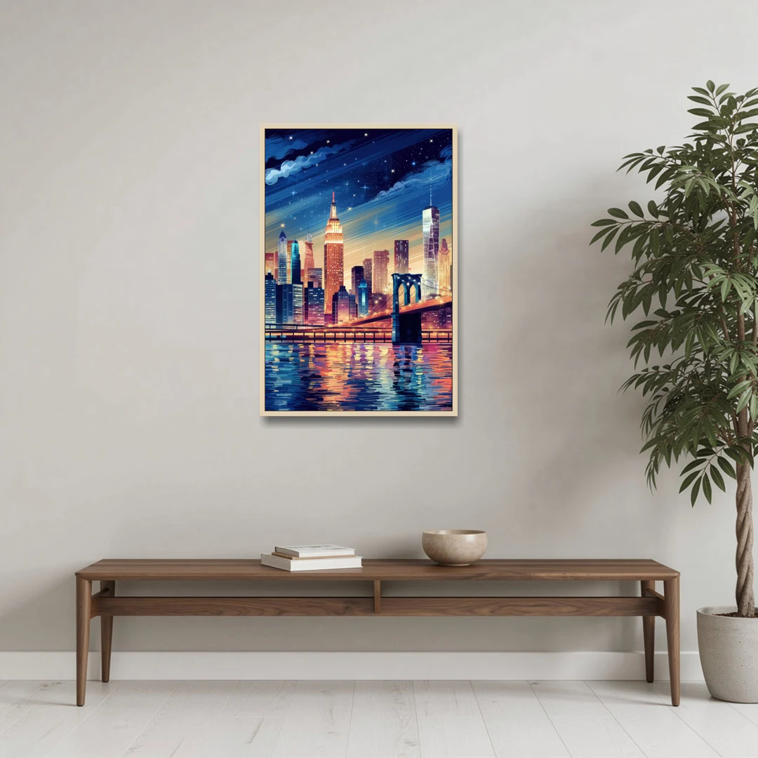 New York City Night Lights - Oak Framed Canvas Wall Art - Coffee Table - 24x36