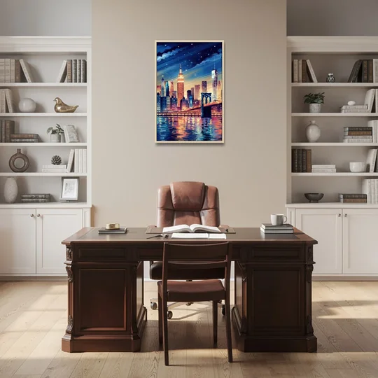 New York City Night Lights - Oak Framed Canvas Wall Art - Office - 24x36