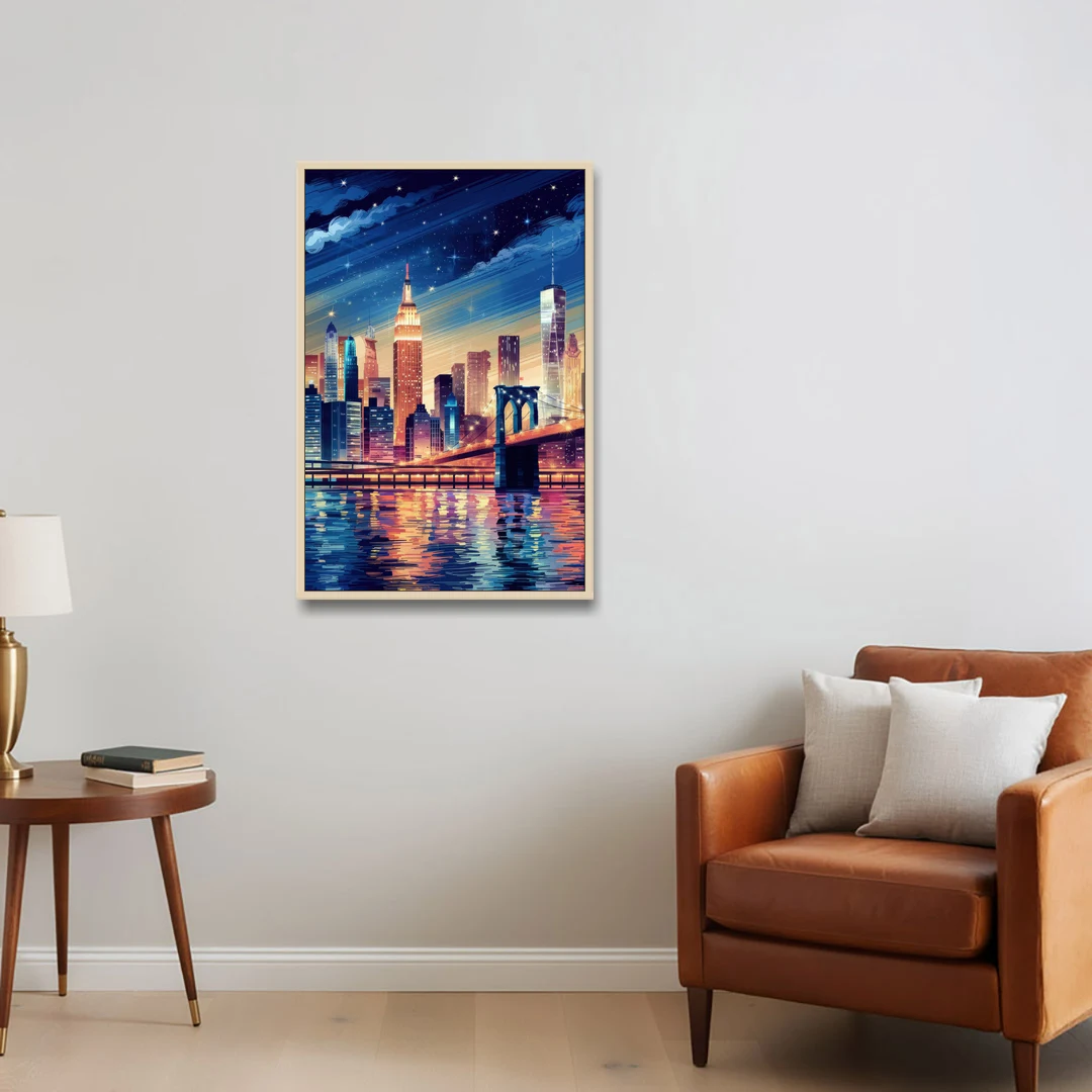 New York City Night Lights - Oak Framed Canvas Wall Art - Sofa - 24x36