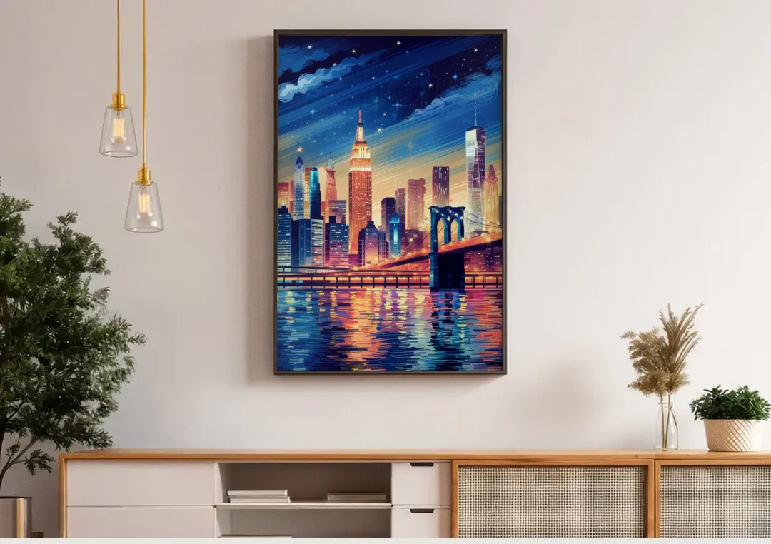 New York City Night Lights canvas wall art above a wooden sideboard under pendant lights