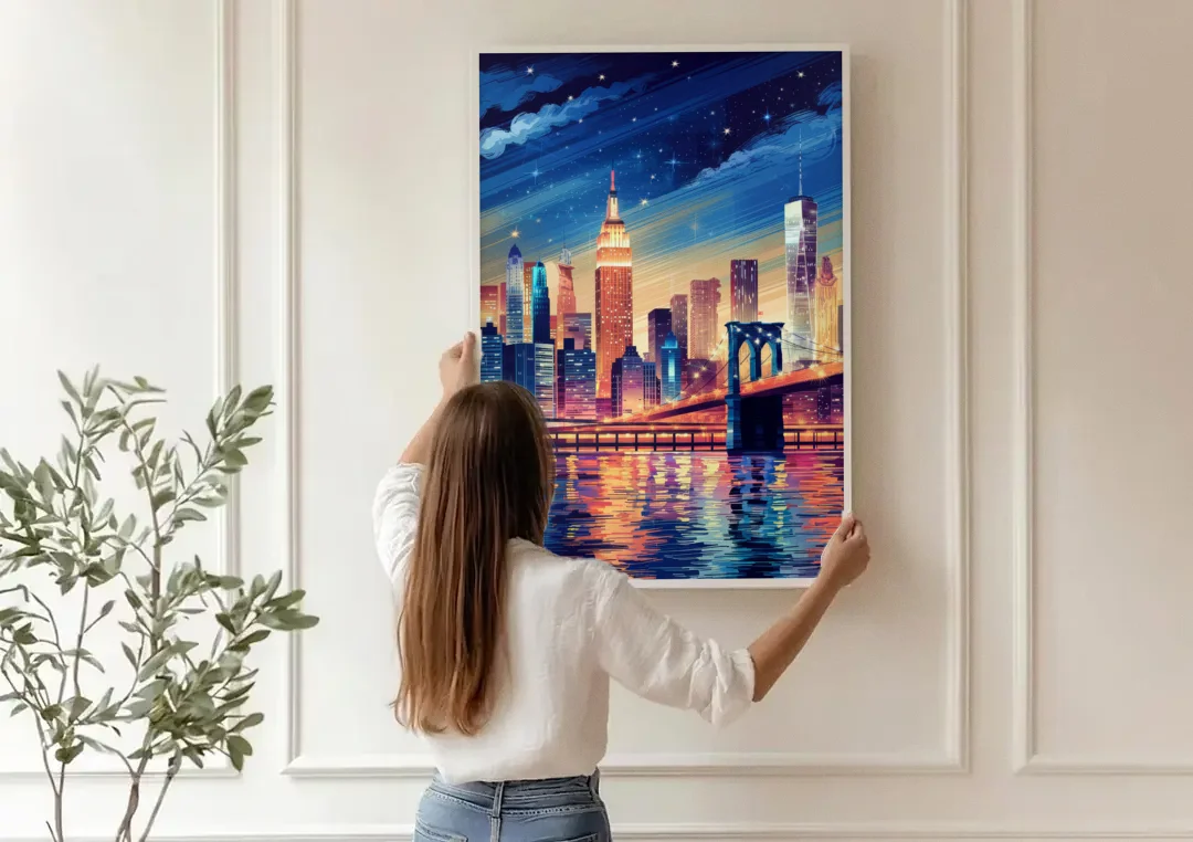 New York City Night Lights canvas wall art being hung on a paneled wall