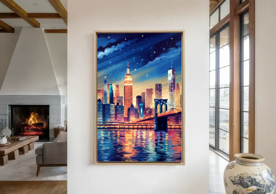 New York City Night Lights canvas wall art in a living room with a fireplace
