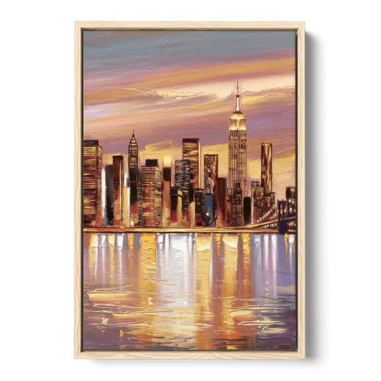 New York City Skyline at Dusk - Oak Framed Canvas Wall Art - Front