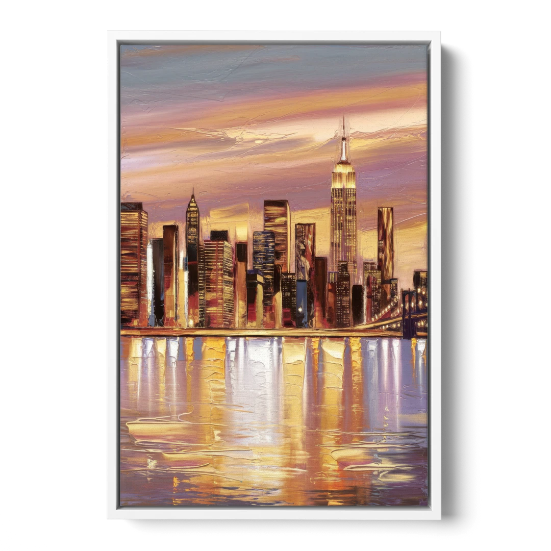 New York City Skyline at Dusk - White Framed Canvas Wall Art - Front