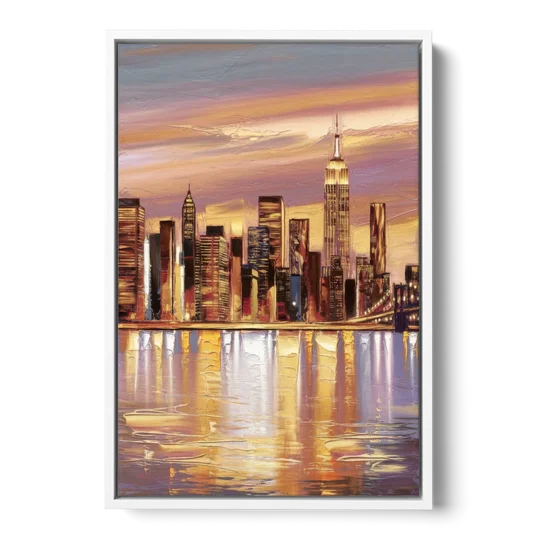 New York City Skyline at Dusk - White Framed Canvas Wall Art - Front