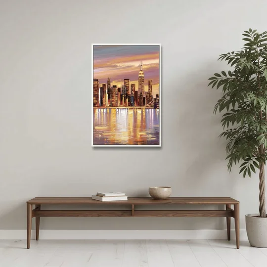 New York City Skyline at Dusk - White Framed Canvas Wall Art - Coffee Table - 24x36
