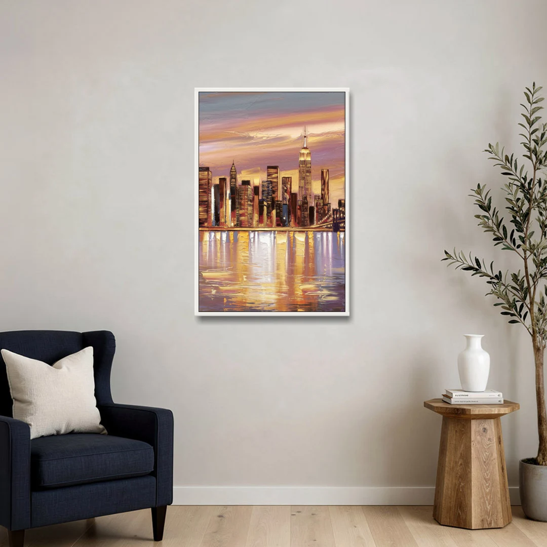 New York City Skyline at Dusk - White Framed Canvas Wall Art - Sofa - 24x36
