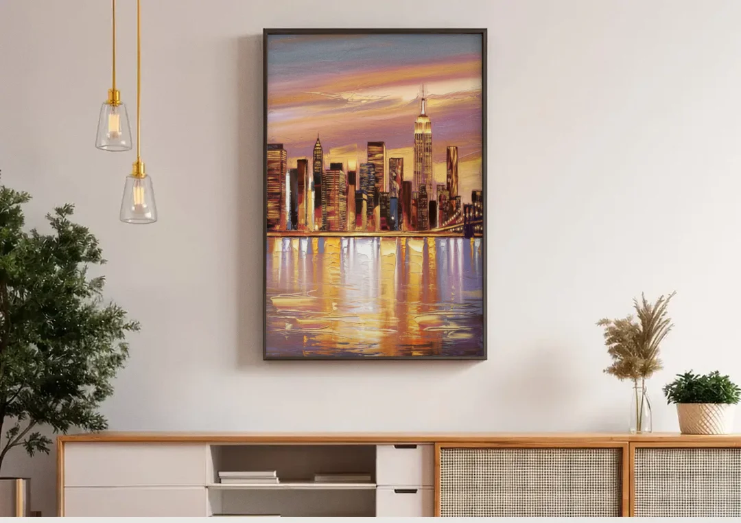 New York City Skyline at Dusk canvas wall art above a wooden sideboard under pendant lights