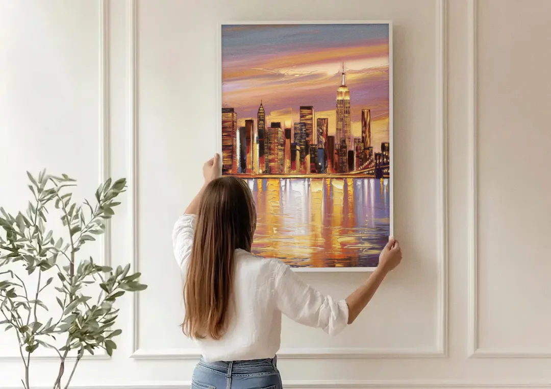 New York City Skyline at Dusk canvas wall art being hung on a paneled wall