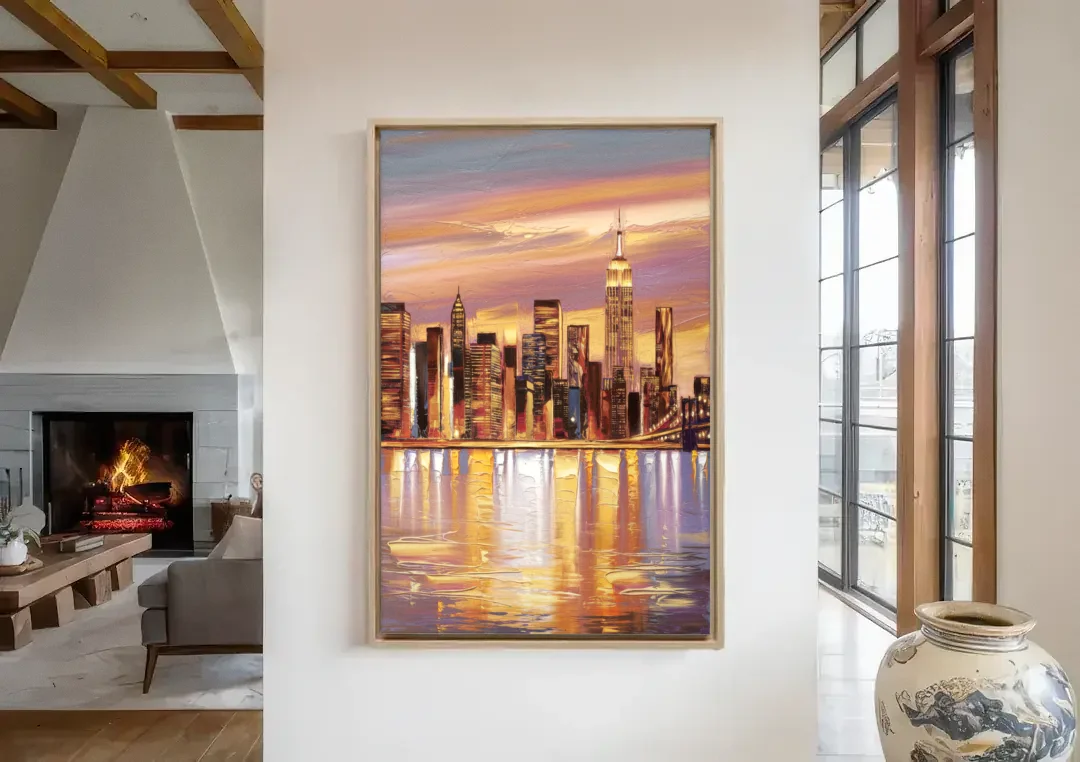 New York City Skyline at Dusk canvas wall art in a living room with a fireplace