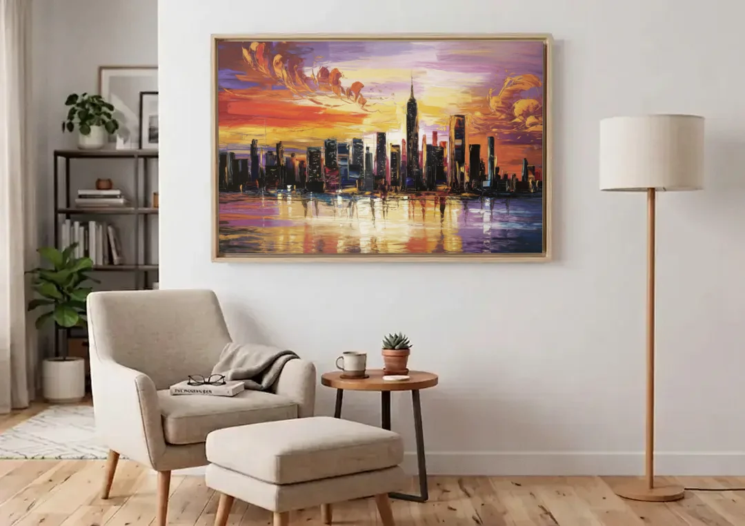 New York City Skyline At Sunset canvas wall art above an armchair in a bright living room