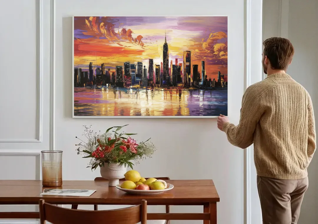 New York City Skyline At Sunset canvas wall art above a dining table