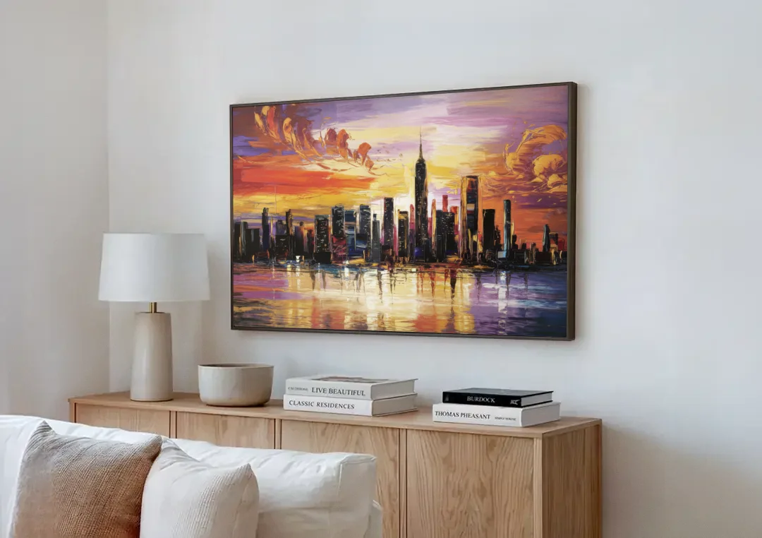 New York City Skyline At Sunset canvas wall art above a wooden sideboard next to a sofa