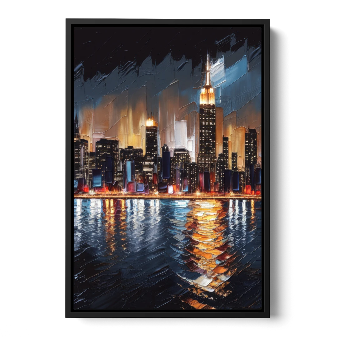 New York City Skyline by Nightfall Hudson - Black Framed Canvas Wall Art - Front