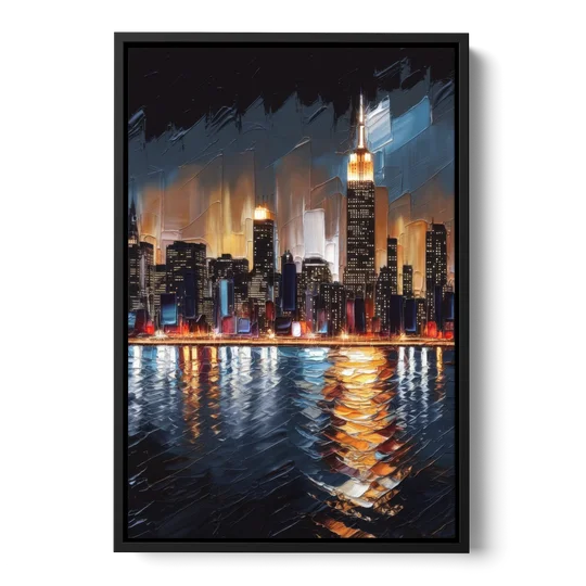 New York City Skyline by Nightfall Hudson - Black Framed Canvas Wall Art - Front