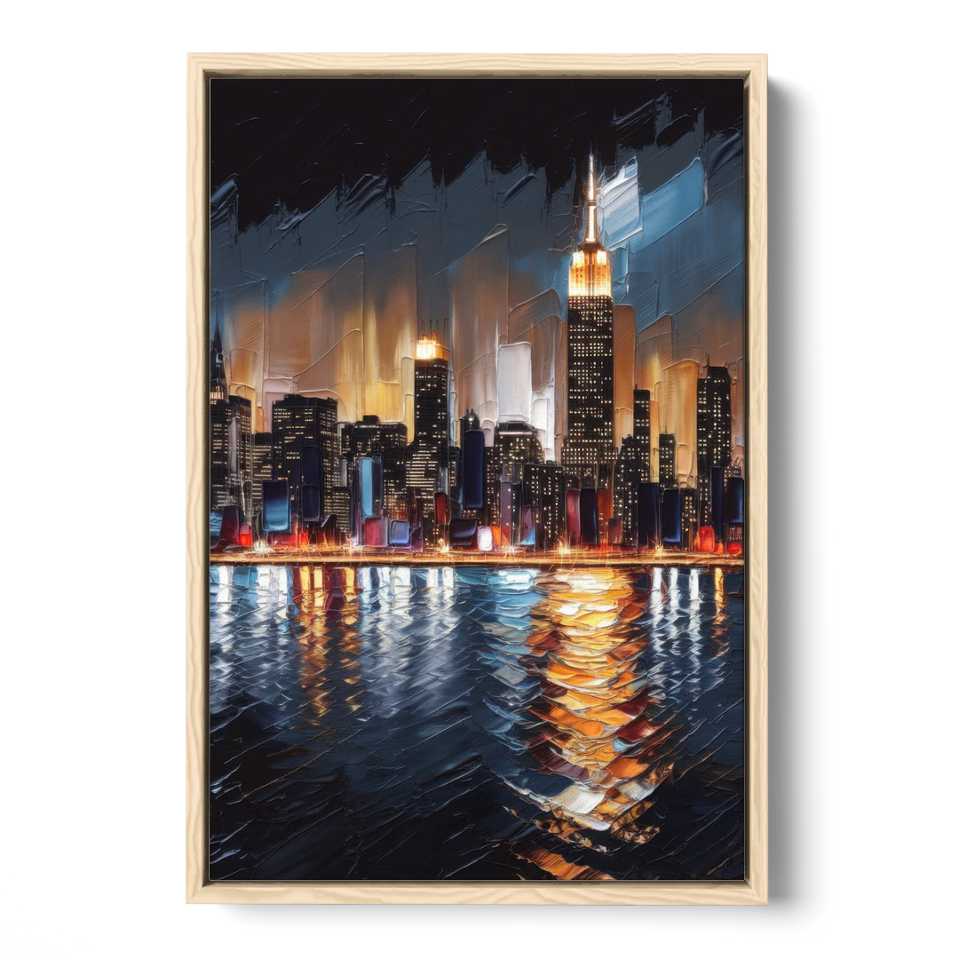 New York City Skyline by Nightfall Hudson - Oak Framed Canvas Wall Art - Front