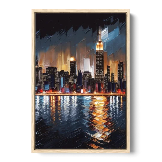 New York City Skyline by Nightfall Hudson - Oak Framed Canvas Wall Art - Front