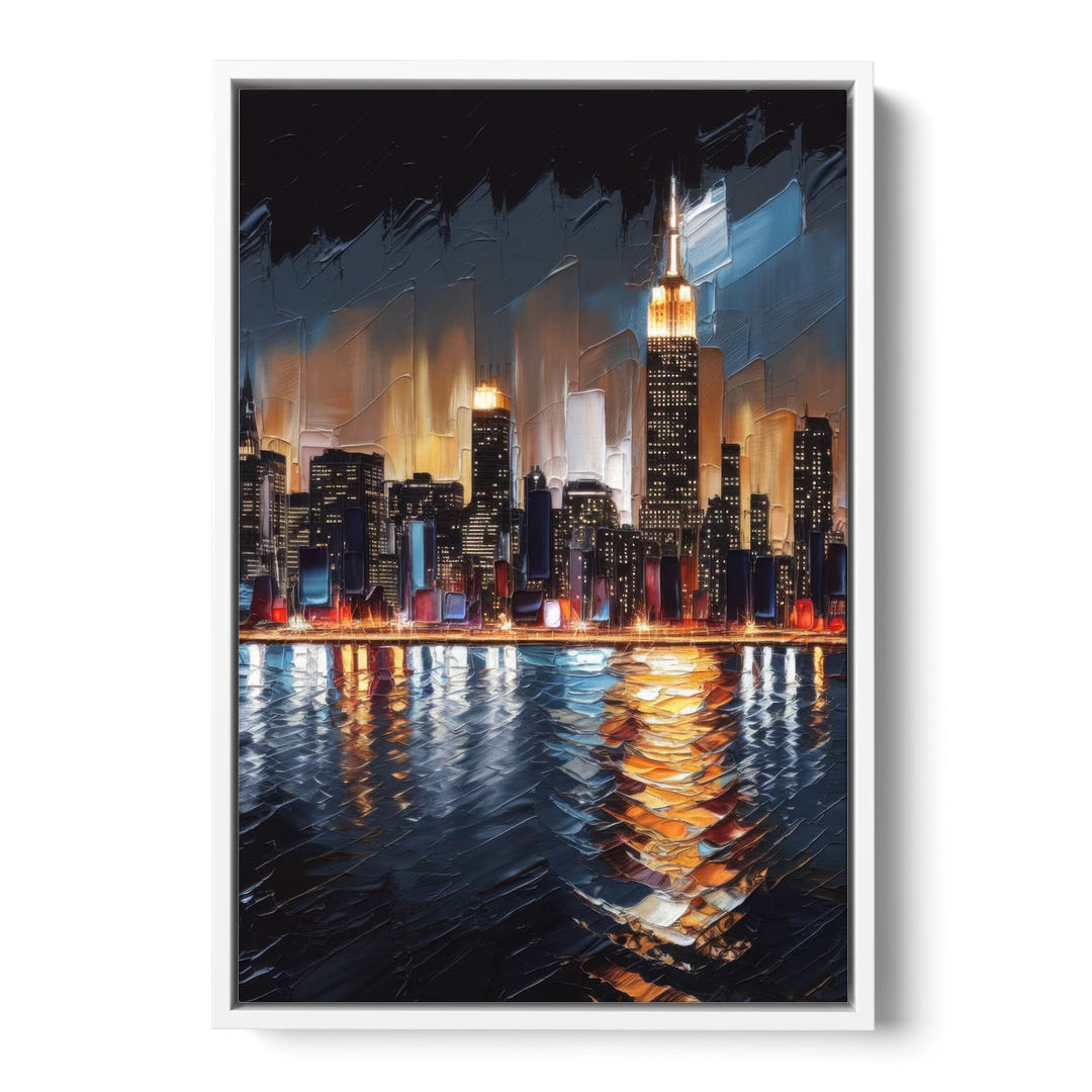 New York City Skyline by Nightfall Hudson - White Framed Canvas Wall Art - Front