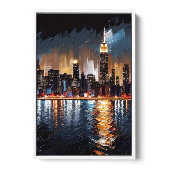 New York City Skyline by Nightfall Hudson - White Framed Canvas Wall Art - Front