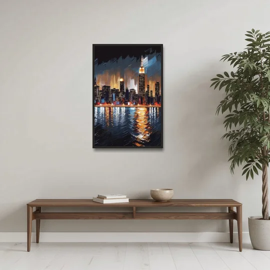 New York City Skyline by Nightfall Hudson - Black Framed Canvas Wall Art - Coffee Table - 24x36