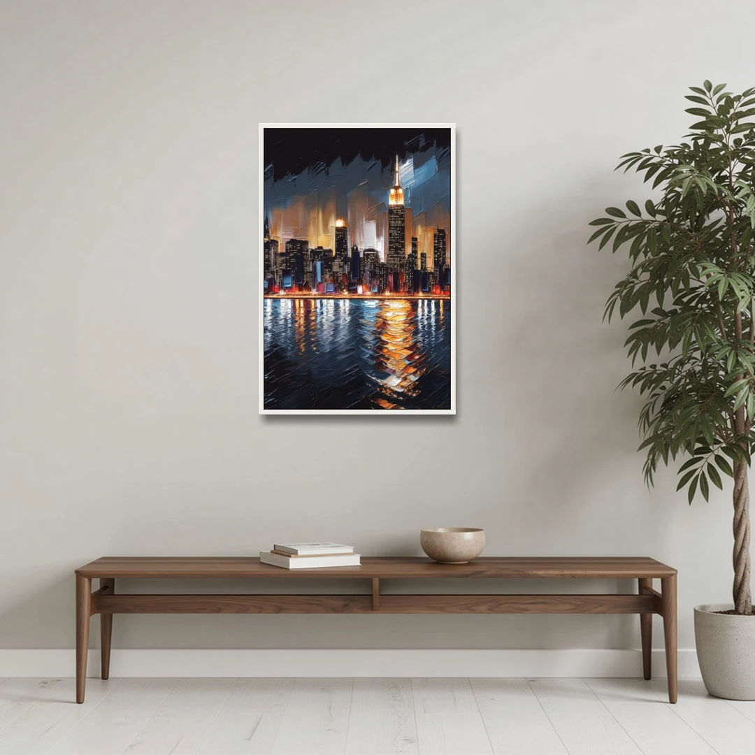 New York City Skyline by Nightfall Hudson - White Framed Canvas Wall Art - Coffee Table - 24x36