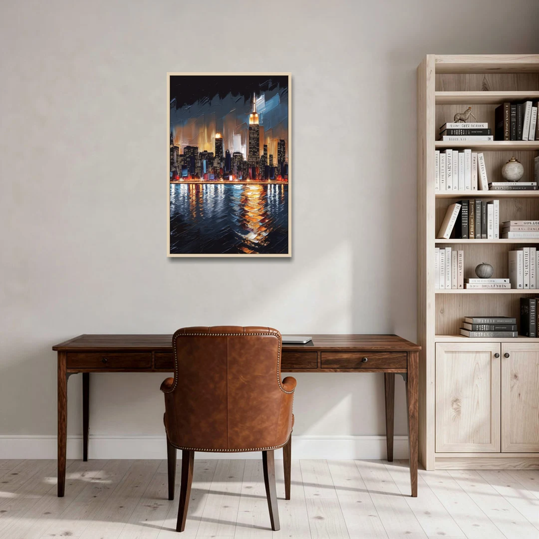 New York City Skyline by Nightfall Hudson - Oak Framed Canvas Wall Art - Office - 24x36
