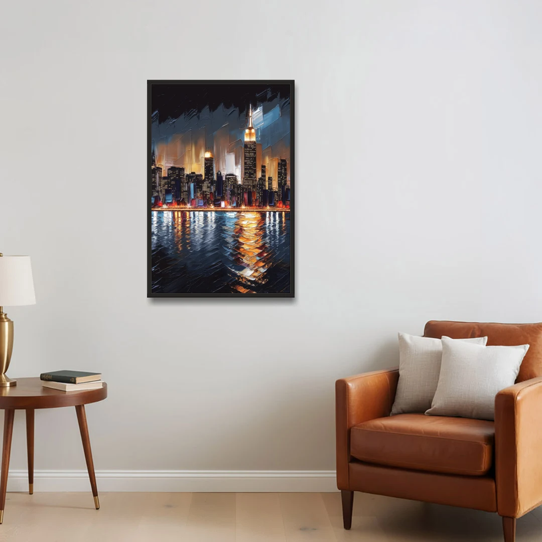 New York City Skyline by Nightfall Hudson - Black Framed Canvas Wall Art - Sofa - 24x36