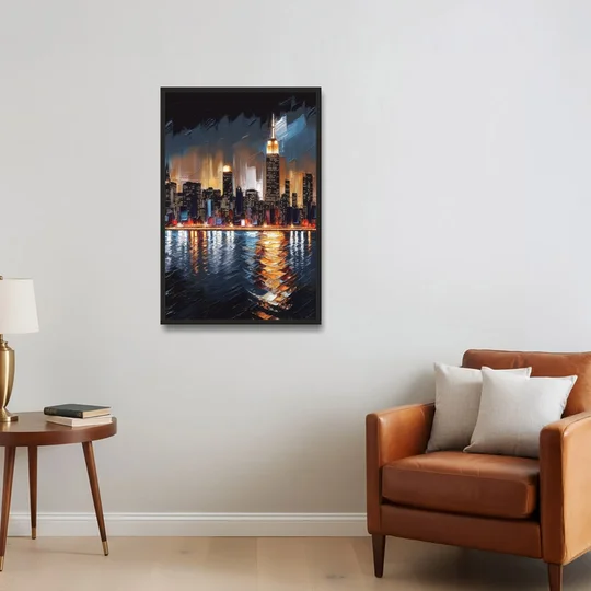 New York City Skyline by Nightfall Hudson - Black Framed Canvas Wall Art - Sofa - 24x36