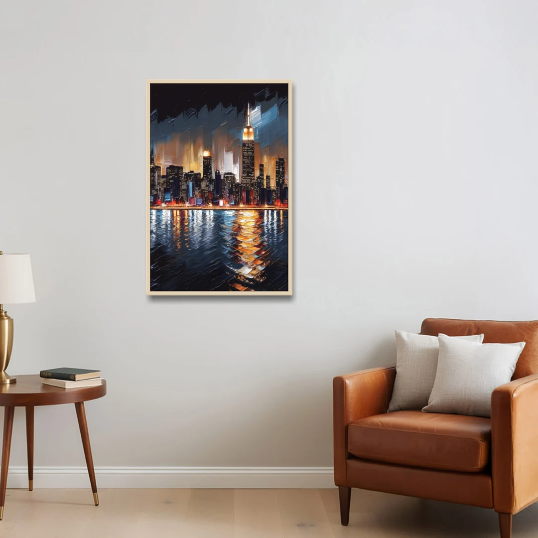 New York City Skyline by Nightfall Hudson - Oak Framed Canvas Wall Art - Sofa - 24x36