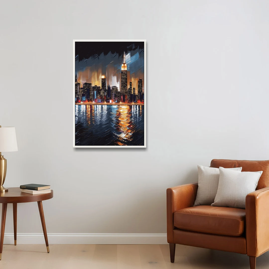 New York City Skyline by Nightfall Hudson - White Framed Canvas Wall Art - Sofa - 24x36