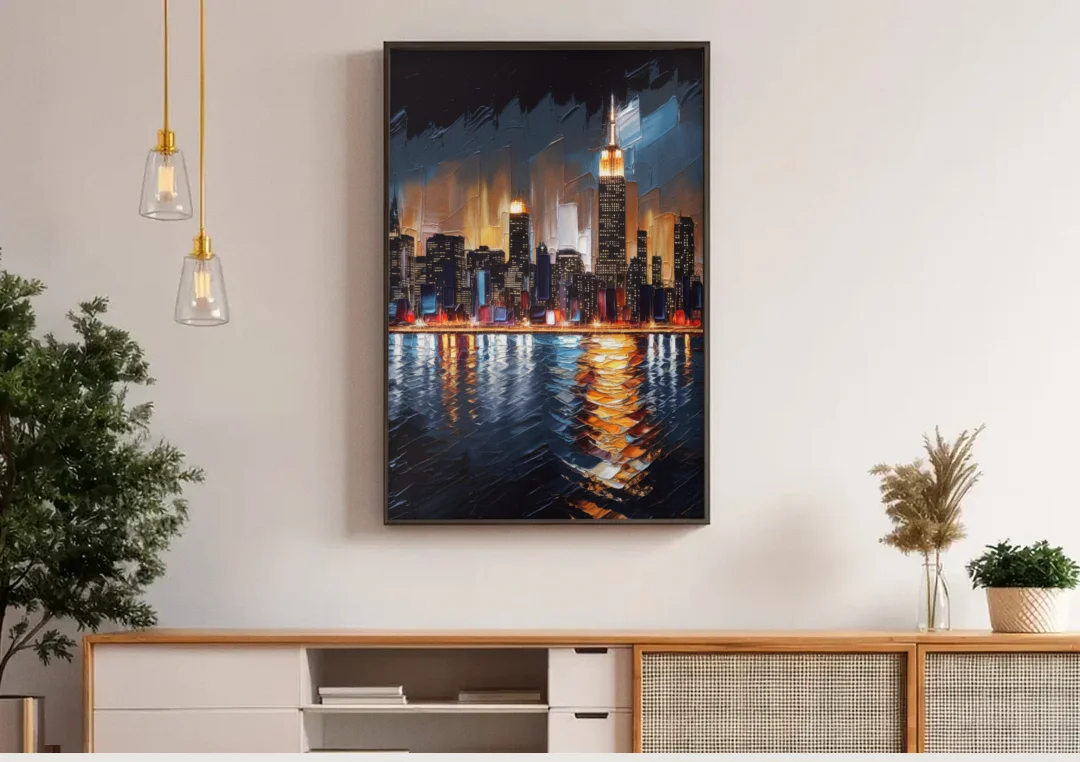 New York City Skyline by Nightfall Hudson canvas wall art above a wooden sideboard under pendant lights