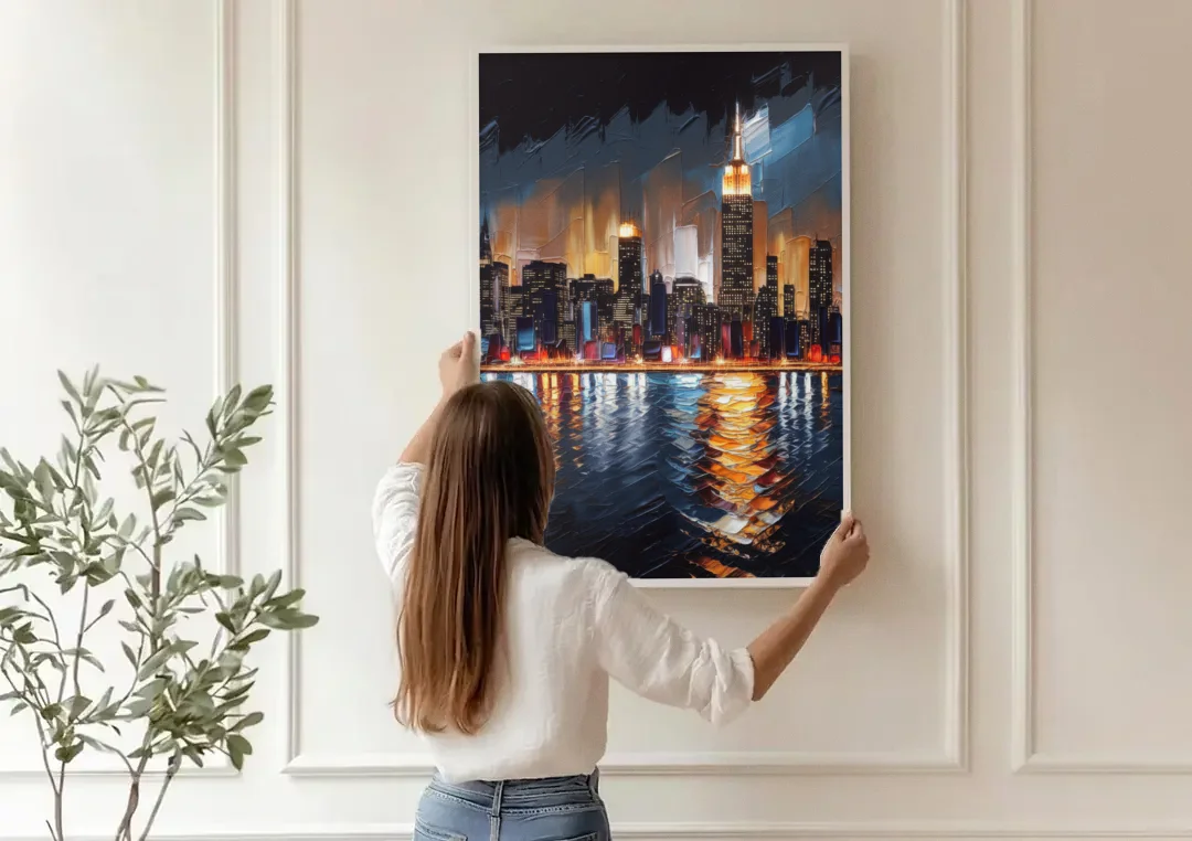 New York City Skyline by Nightfall Hudson canvas wall art being hung on a paneled wall