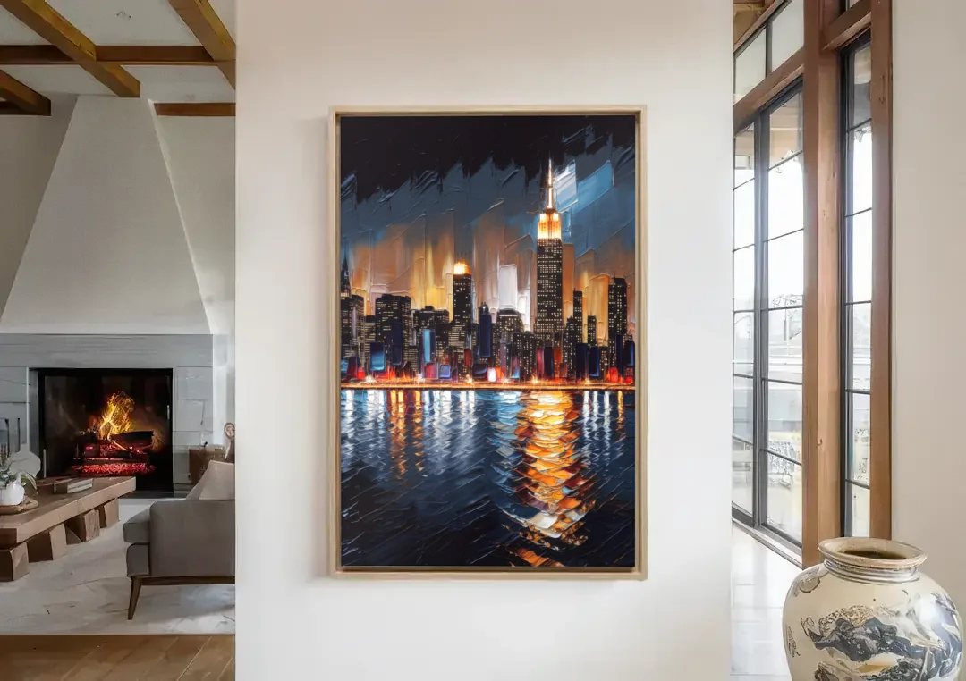 New York City Skyline by Nightfall Hudson canvas wall art in a living room with a fireplace