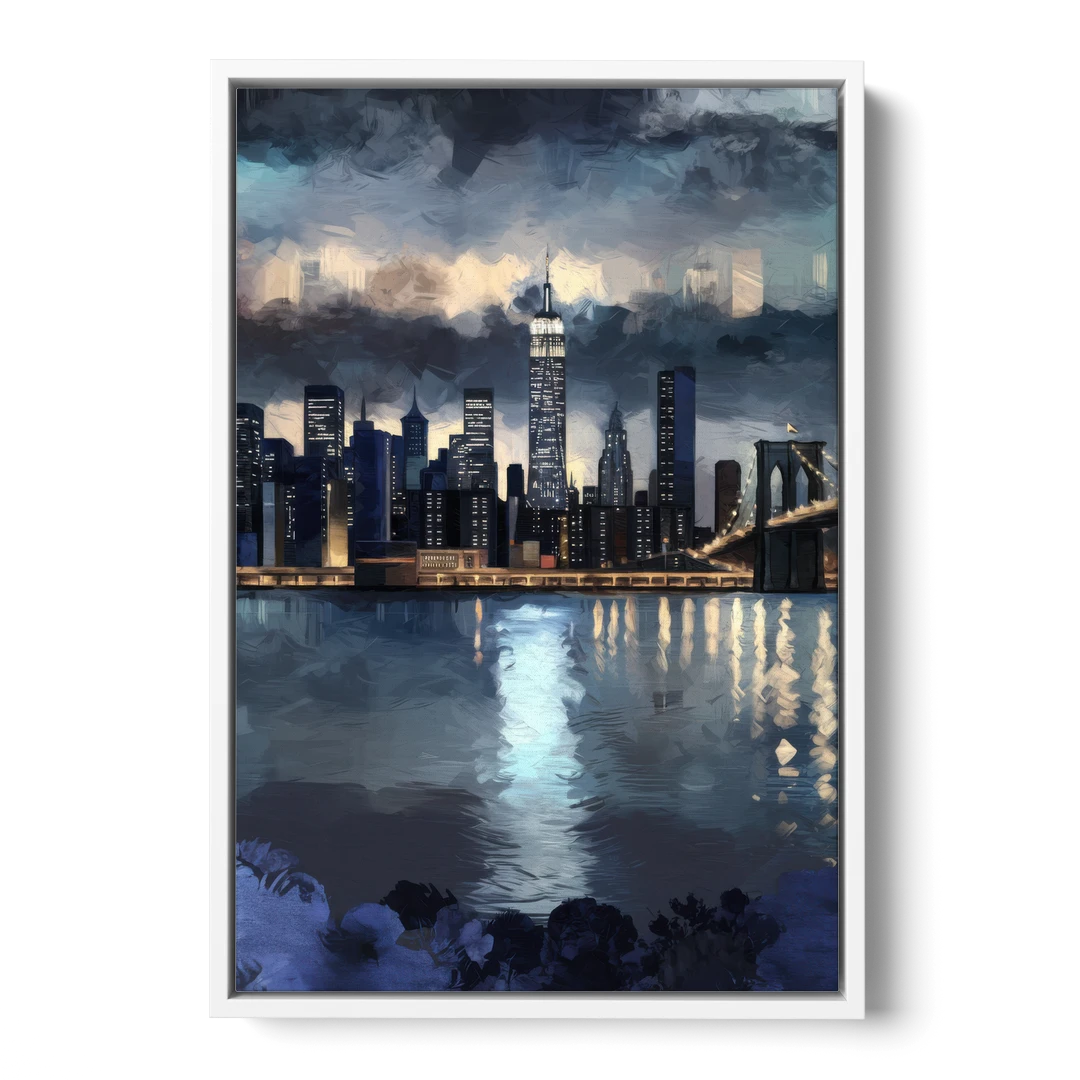 New York City Skyline in Blue Tones Hudson - White Framed Canvas Wall Art - Front
