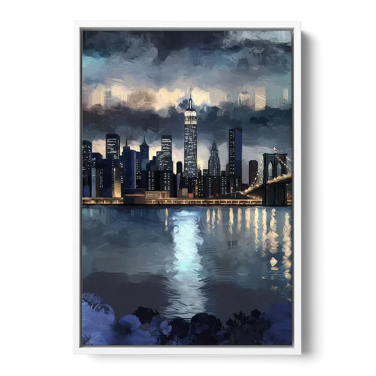 New York City Skyline in Blue Tones Hudson - White Framed Canvas Wall Art - Front