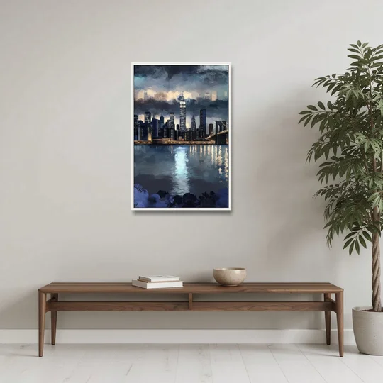 New York City Skyline in Blue Tones Hudson - White Framed Canvas Wall Art - Coffee Table - 24x36