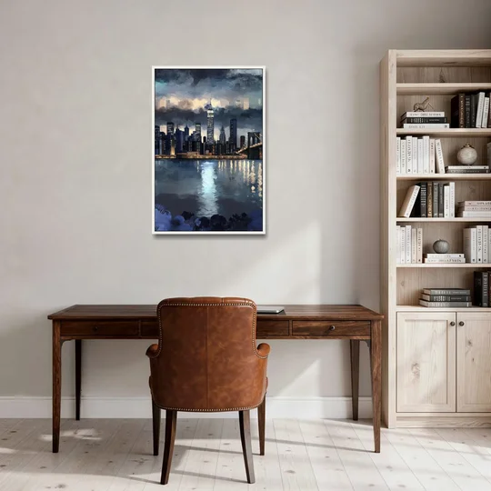 New York City Skyline in Blue Tones Hudson - White Framed Canvas Wall Art - Office - 24x36