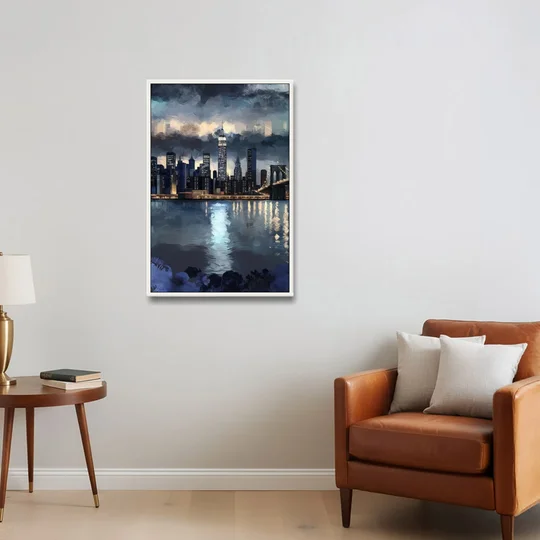 New York City Skyline in Blue Tones Hudson - White Framed Canvas Wall Art - Sofa - 24x36