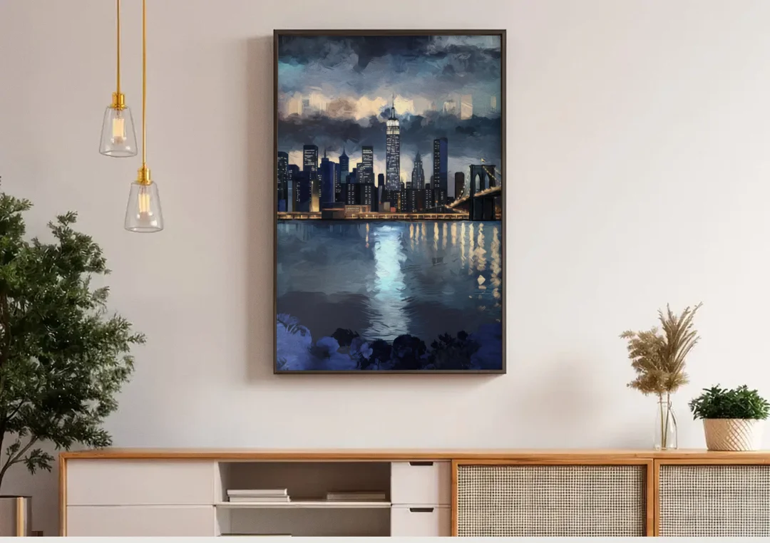 New York City Skyline in Blue Tones Hudson canvas wall art above a wooden sideboard under pendant lights