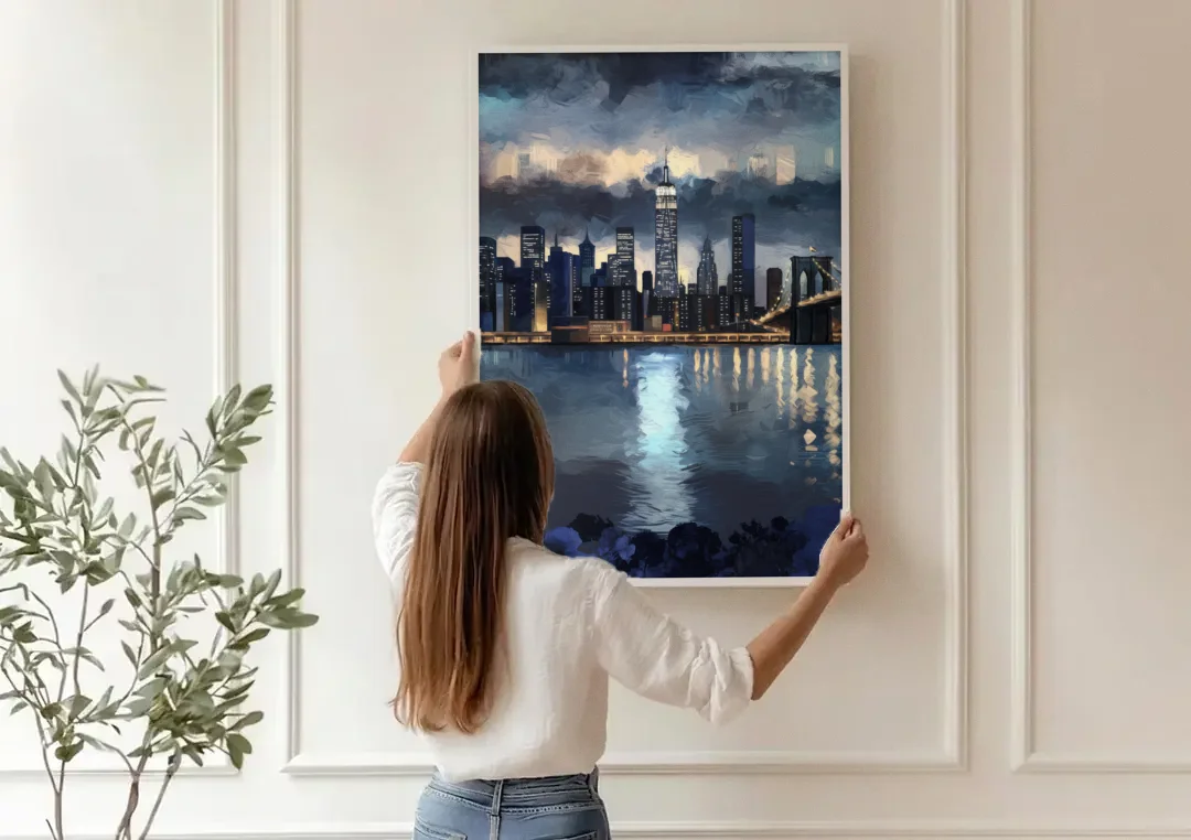 New York City Skyline in Blue Tones Hudson canvas wall art being hung on a paneled wall