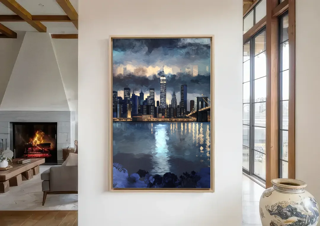 New York City Skyline in Blue Tones Hudson canvas wall art in a living room with a fireplace