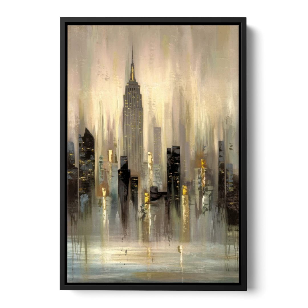New York City Skyline in Fog - Black Framed Canvas Wall Art - Front