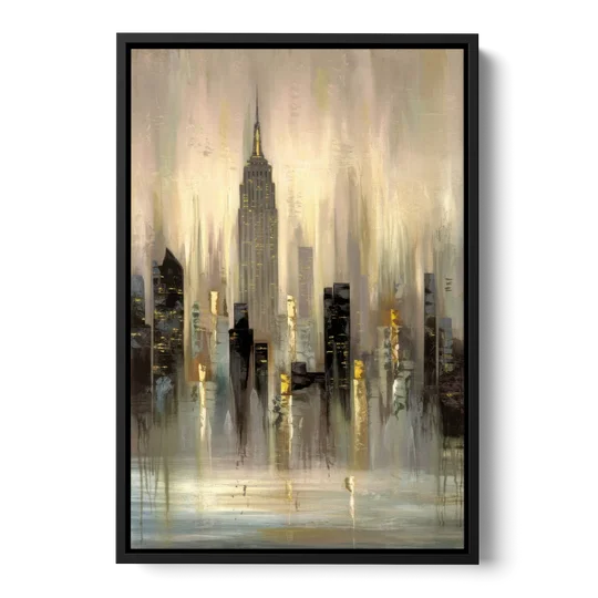 New York City Skyline in Fog - Black Framed Canvas Wall Art - Front