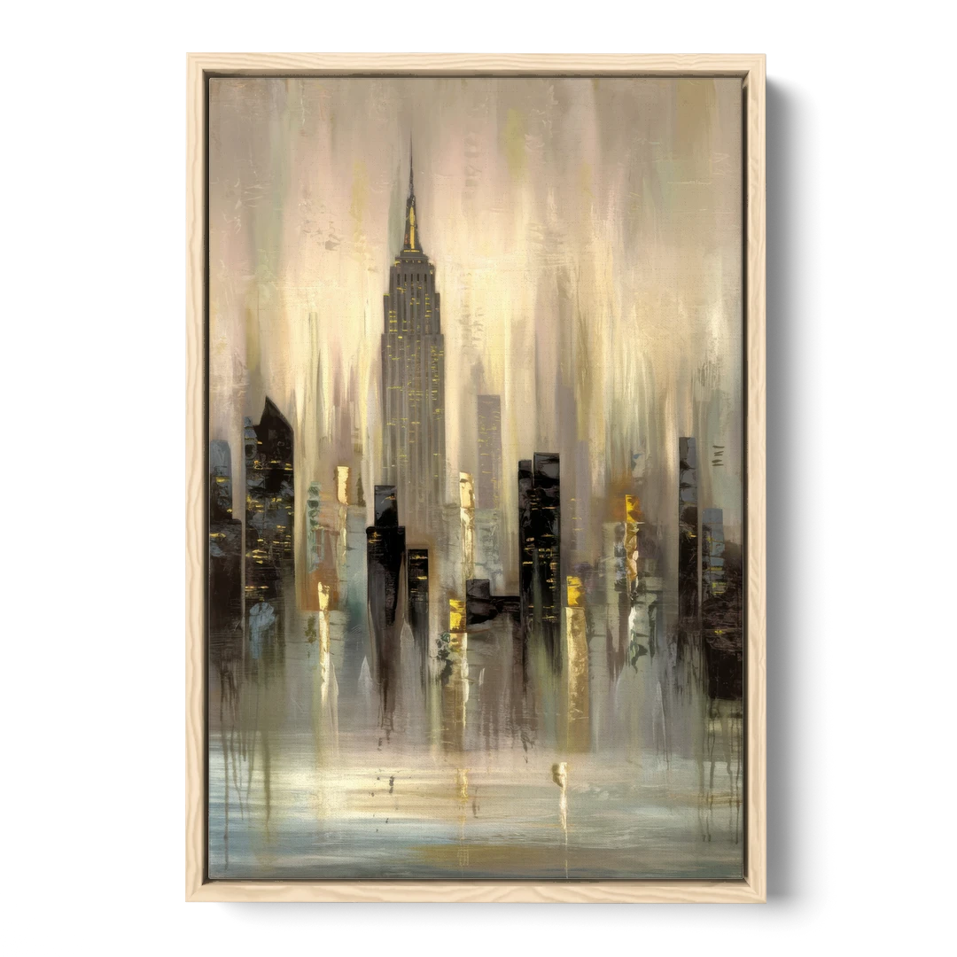 New York City Skyline in Fog - Oak Framed Canvas Wall Art - Front