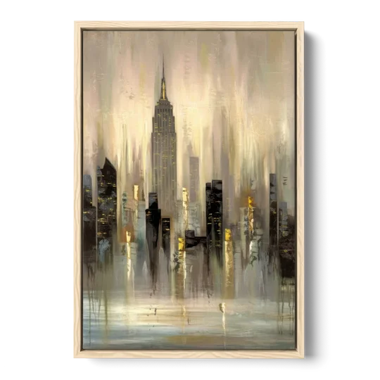 New York City Skyline in Fog - Oak Framed Canvas Wall Art - Front